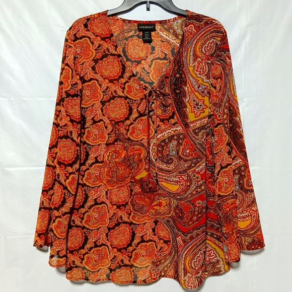 Lane Bryant EUC Women's Bell Sleeve Blouse Size 14/16, Burnt Orange Pattern - Picture 1 of 8